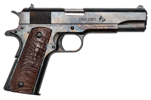 Cnc Firearms Colt Government Lineage 45 ACP 7rd 5" Stainless Match Grade Barrel, Color Case Hardened Stainless Steel Serrated Slide & Frame, Chocolate Alligator Grip