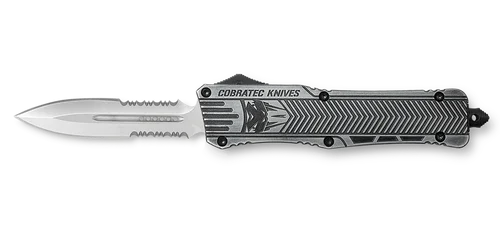 CobraTec Knives CTK-1 Large 3.75" OTF Dagger Part Serrated D2 Steel Blade/ Stonewashed Aluminum Handle Features Glass Breaker Includes Pocket Clip