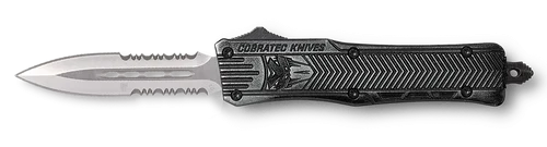CobraTec Knives CTK-1 Small 2.75" OTF Out the Front Part Serrated D2 Steel Blade Stonewashed Aluminum Handle Features Glass Breaker/Pocket Clip