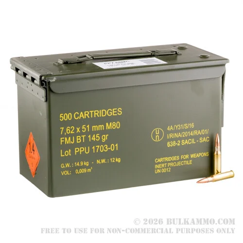 500 Rounds of 7.62x51mm NATO Ammo by Prvi Partizan - 145gr FMJBT