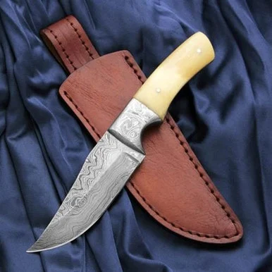 Damascus Belt Knife with Bone Scales