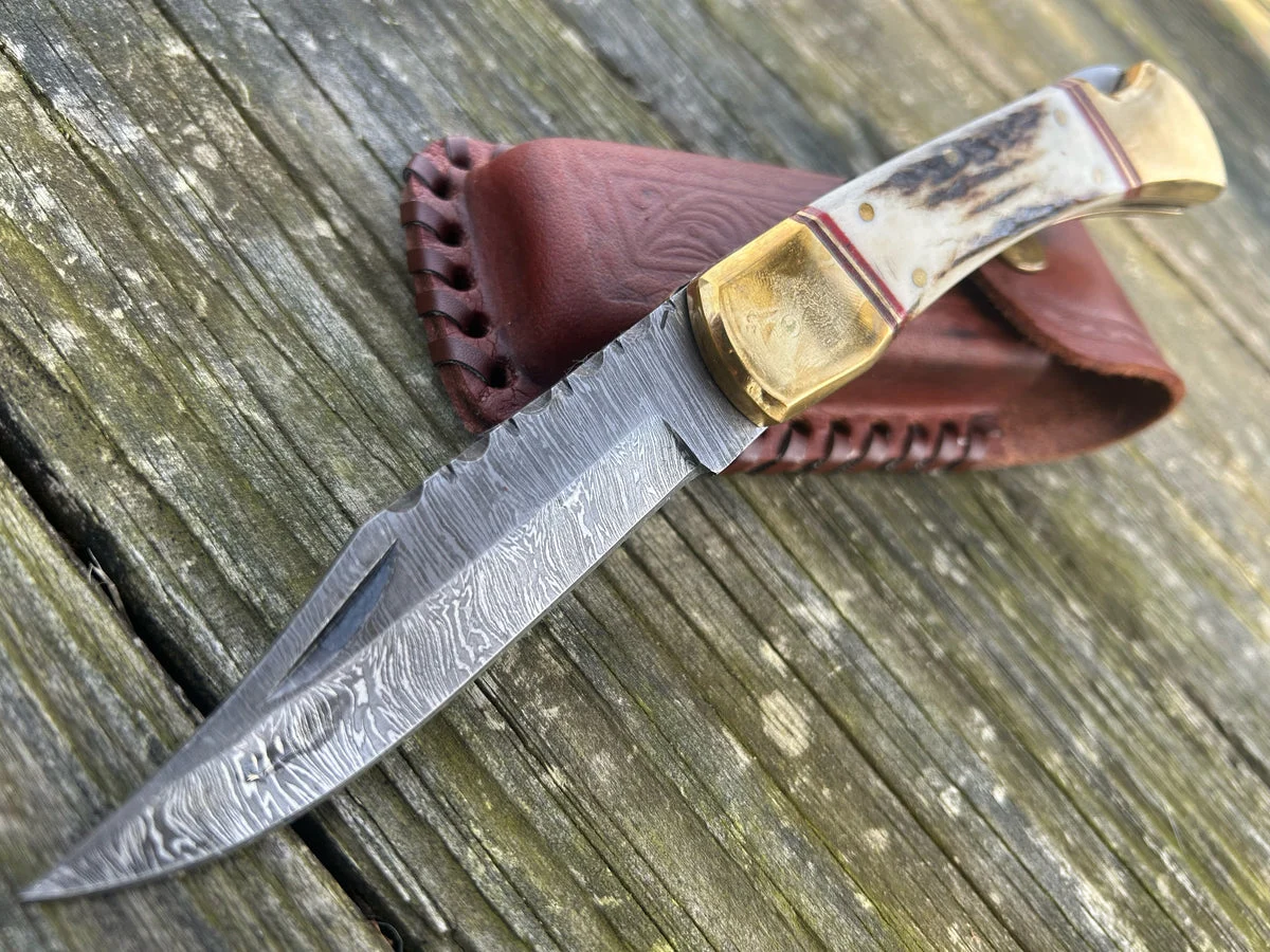 Damascus Folding Stag Handle Pocket Knife w/ Filework