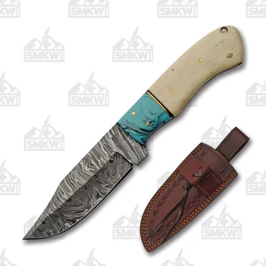 Damascus Turquoise Bone Hunter Fixed Blade Knife DM1275