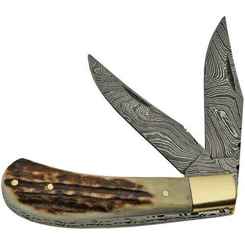 Damascus Two Bladed Stag Horn Trapper Pocket Knife (DM-1224SG)