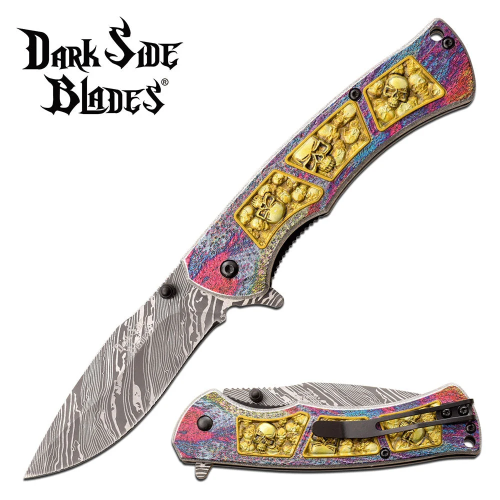 Dark Side Blades Ballistic Gold Skulls Fantasy Pocket Knife