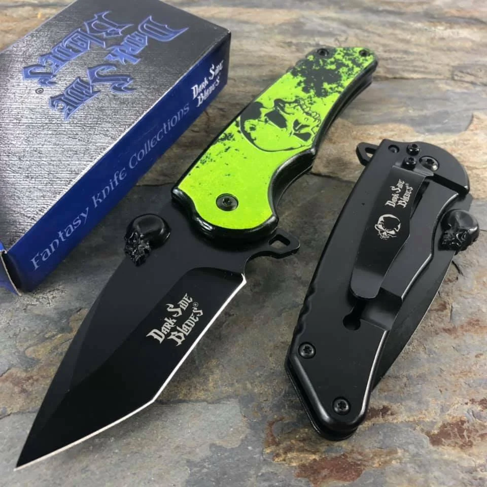 Dark Side Blades Ballistic Green and Orange Skull Pocket Knife