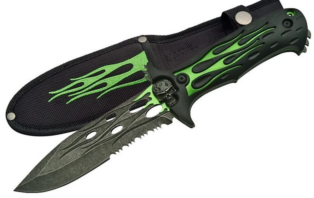 Dead Walker Fantasy Green Flames Skull Fixed Blade Zombie Dagger Knife