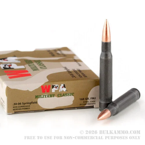 500 Rounds of 30-06 Springfield Ammo by Wolf Military Classic - 168gr FMJ