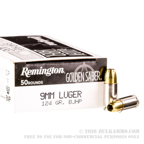50 Rounds of 9mm Ammo by Remington Golden Saber - 124gr BJHP