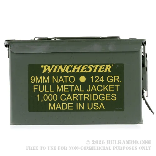 1000 Rounds of 9mm NATO Ammo in Ammo Can by Winchester USA - 124gr FMJ