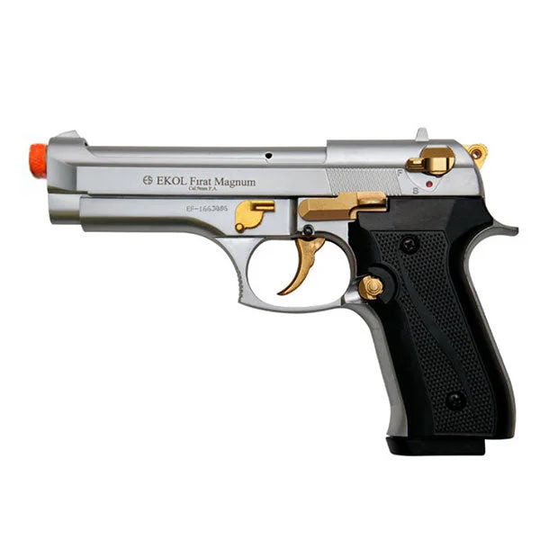 EKOL FIRAT V92F Magnum Nickel with Gold Fittings – Front Fire 9mm Blank Firing Guns