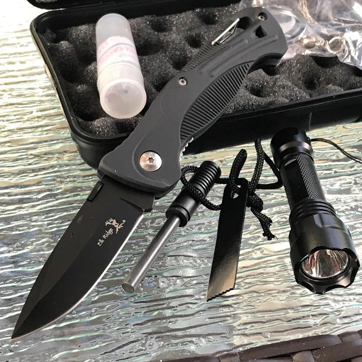 Elk Ridge Survival Emergency Kit Blade Pocket Knife w/ Flashlight