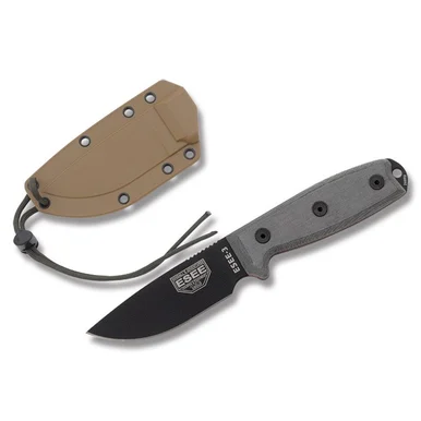 ESEE 3 Fixed Blade Knife Black 1095 Drop Point Gray G-10/Micarta with Coyote Kydex Sheath ESEE3PM