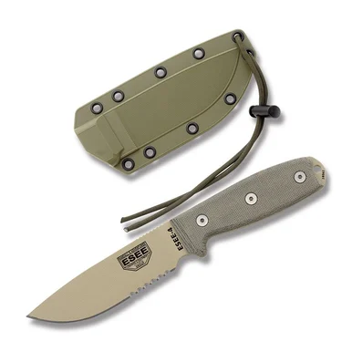 ESEE-4 Half Serrated Desert Tan 1095/OD Green Micarta with Kydex Sheath ESEE4SMBDT
