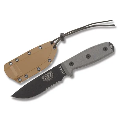 ESEE 4S Fixed Blade Knife 4.5in Partially Serrated Gray Micarta ESEE4S
