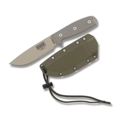 ESEE 4S Fixed Blade Knife Partially Serrated Tan 1095/Gray Linen Micarta with OD Sheath ESEE4SDT