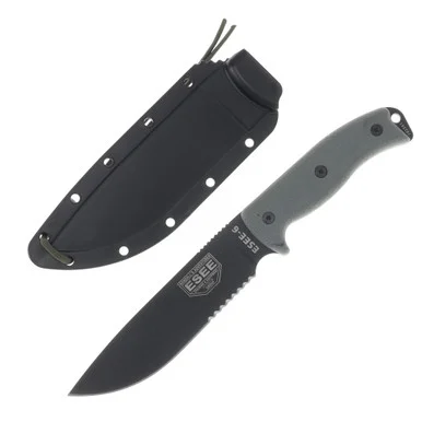 ESEE Knives ESEE 6S B Gray Micarta Fixed Blade 6.5in Black Part Serrated Blade ESEE6SB