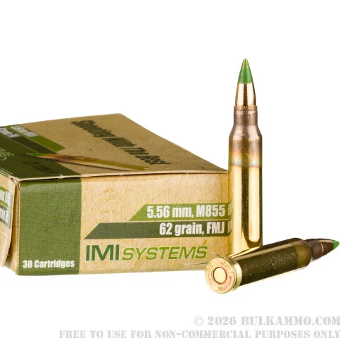 30 Rounds of 5.56x45 Ammo by Israeli Military Industries - 62gr FMJ M855