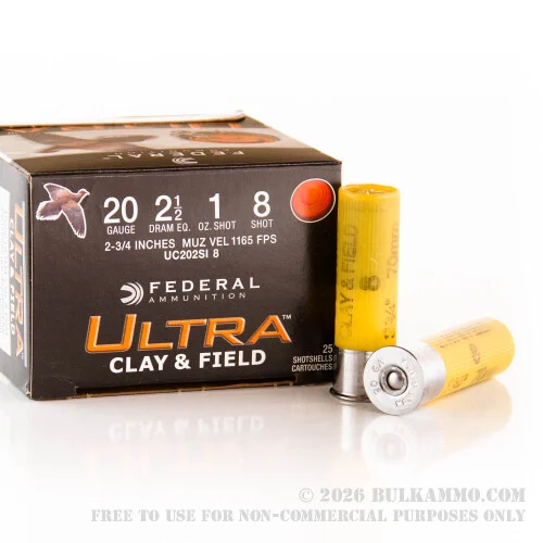 25 Rounds of 20ga Ammo by Federal Ultra Clay & Field - 2-3/4" 1 ounce #8 shot