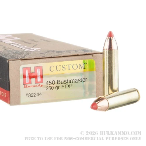 200 Rounds of .450 Bushmaster Ammo by Hornady Custom - 250gr FTX