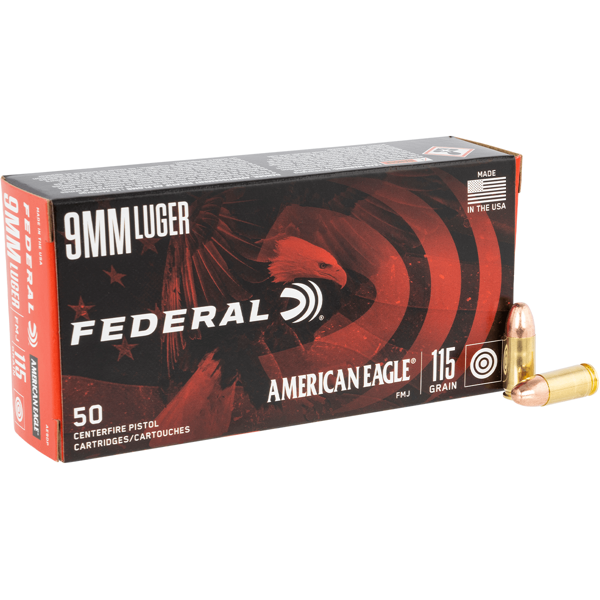 Federal AE9DP American Eagle Handgun Ammo 9mm Luger 115 gr Full Metal Jacket 50 Per Box