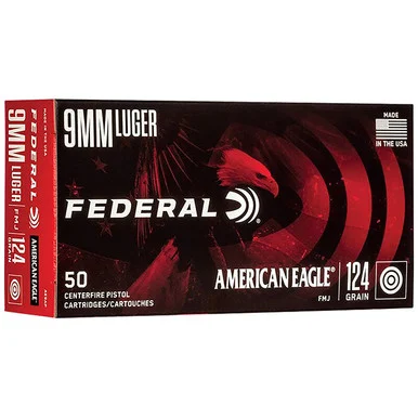 Federal American Eagle 9mm Luger Handgun Ammunition 50 Rounds Brass Centerfire 124 Grain FMJ AE9AP