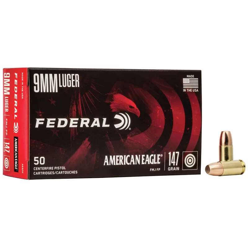 Federal Cartridge American Eagle Pistol, 9mm Luger, (9x19mm), 147 Gr, FMJ, Box of 50