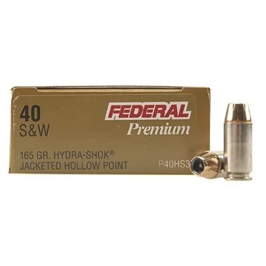 Federal Premium Personal Defense Hydra Shok 40 S&W Ammunition 165 Grain Brass 20 Rounds Hydra Shok JHP P40HS3