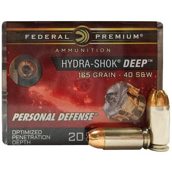 Federal Premium Personal Defense Hydra-Shok Deep 40 S&W Ammunition 165 Grain Brass Centerfire 20 Rounds Hydra-Shok Deep JHP P40HSD1