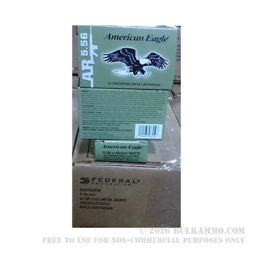 600 Rounds of 5.56x45 Ammo by Federal American Eagle - 62gr FMJ M855