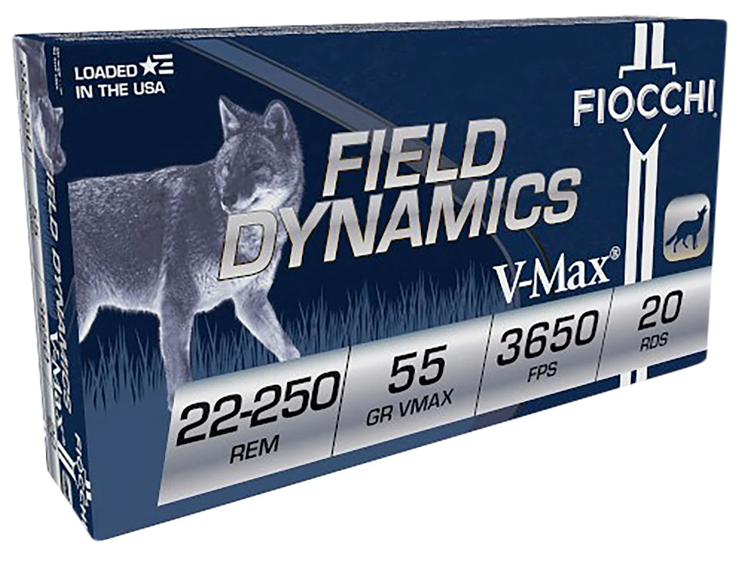 Fiocchi 22250HVD Field Dynamics Hornady V-Max55 Grain .22-250 Remington