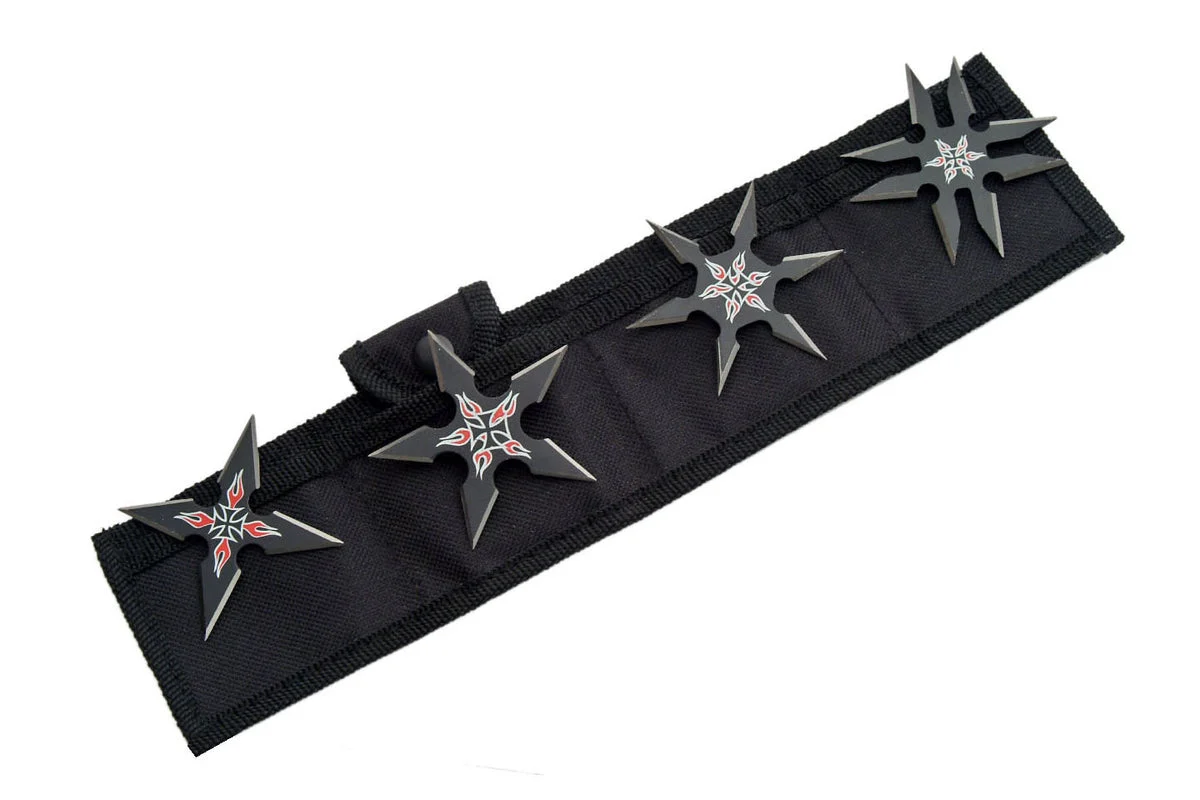 Four Black Ninja Flames Throwing Star Set For Sale