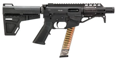 Freedom Ordnance FX9P4 FX-99mm Luger 31+1 4.50″ Black Nitride Chromoly Steel Barrel Black Hard Coat Anodized Black KAK Shockwave Pistol Brace Black Polymer Grips Right Hand