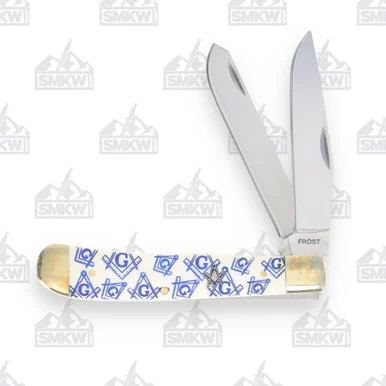 Frost Masonic Trapper Folding Knife Blue Compass On White Smooth Bone Handle FRMAS108WB
