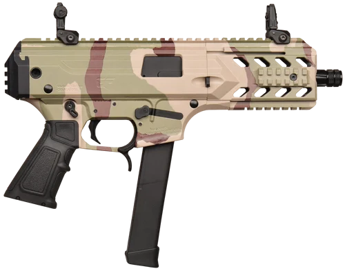Gforce Blade6 9mm 6" Barrel, Camo Desert Storm Cerakote, Picatinny Rail Receiver, Rear Picatinny Rail Brace Mount, Slap Handle for Bolt Release, 33 Rd