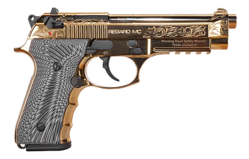 GIRSAN Regard MC Deluxe 9mm Luger 4.90" Barrel, Gold Plated Serrated w/Engraving Slide & Aluminum Frame w/Picatinny Rail, Black G10 Grip, 18 Rd