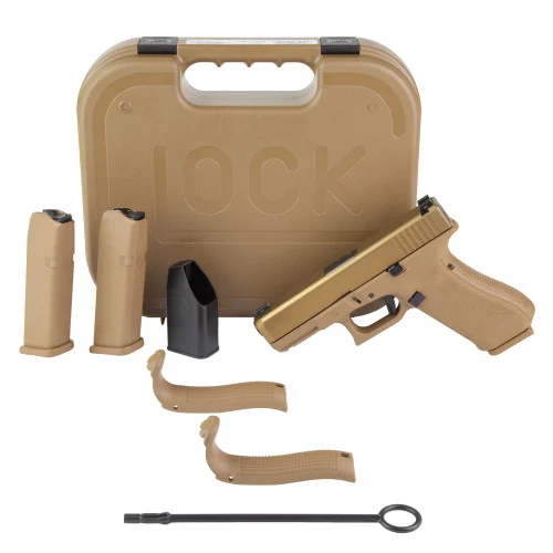 GLOCK 19XV, V Series, Compact, 9mm, 4.02" Barrel, Glock MarksmanBarrel, nPVD Finish, Coyote, No Finger Grooves, G lock Night Sights, Ambidextrous Slide Stop Lever, 10rd, 3 mags, Lanyard Loop, Coyote ColoredCase