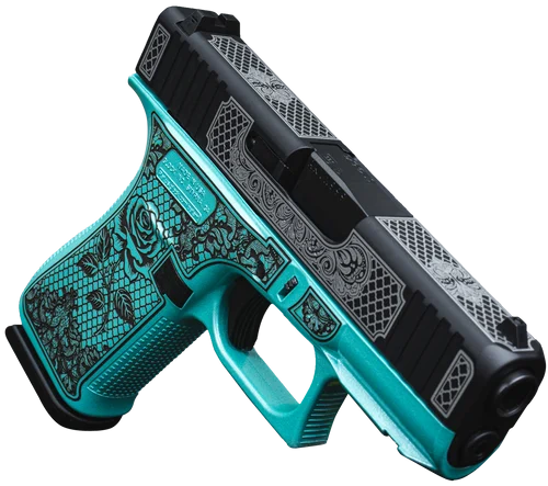 Glock 43X 9mm 10rd, 3.41" Black GMB Barrel, Black White Scroll Cerakote Serrated Steel Slide, Black Cherry Lace Rose Cerakote Polymer & Grip