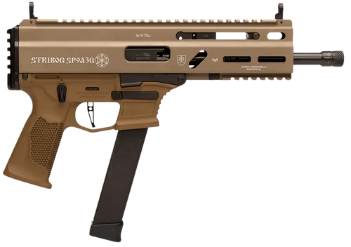 Grand Power Stribog SP9A3G 9mm, 8" Threaded Barrel, Non-Reciprocating Charging Handle, M-Lok Rail, Takes Glock mags, Flat Dark Earth, 33rd, 3 mags, Plastic Hard Case