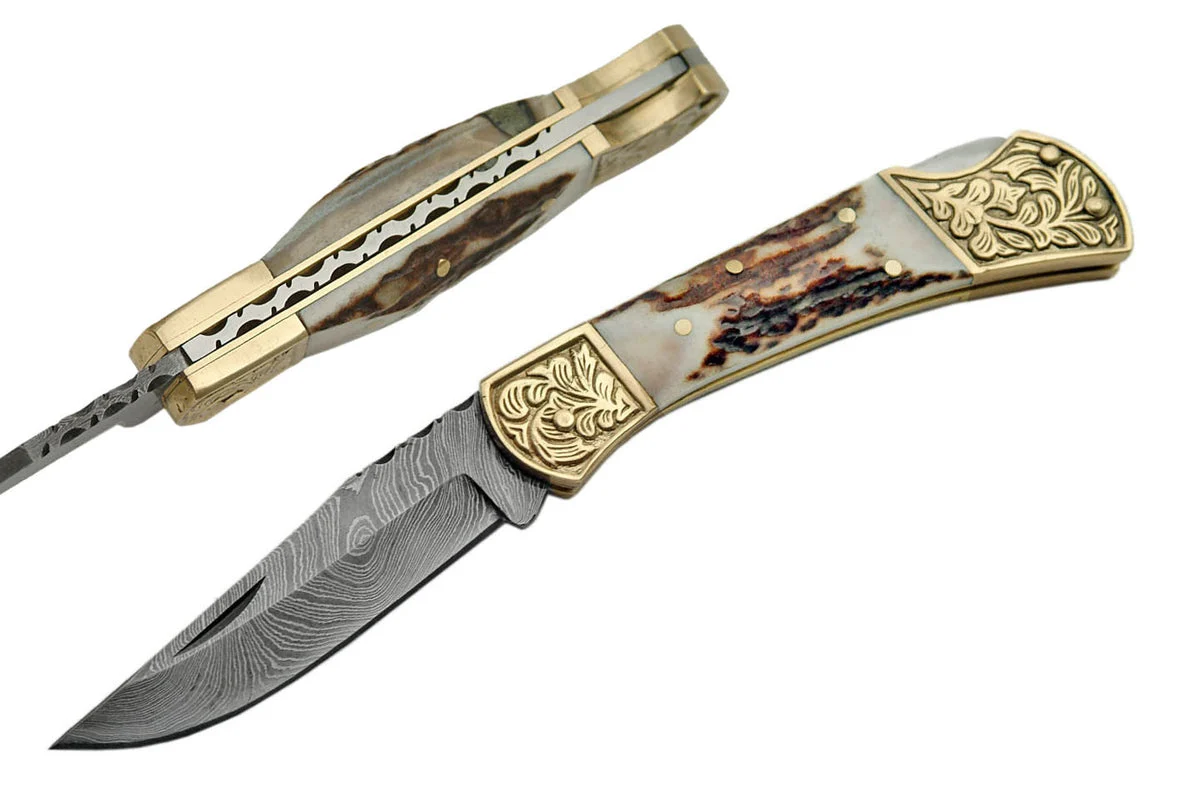 Handmade Damascus Steel Engraved Bolster Folding Knife