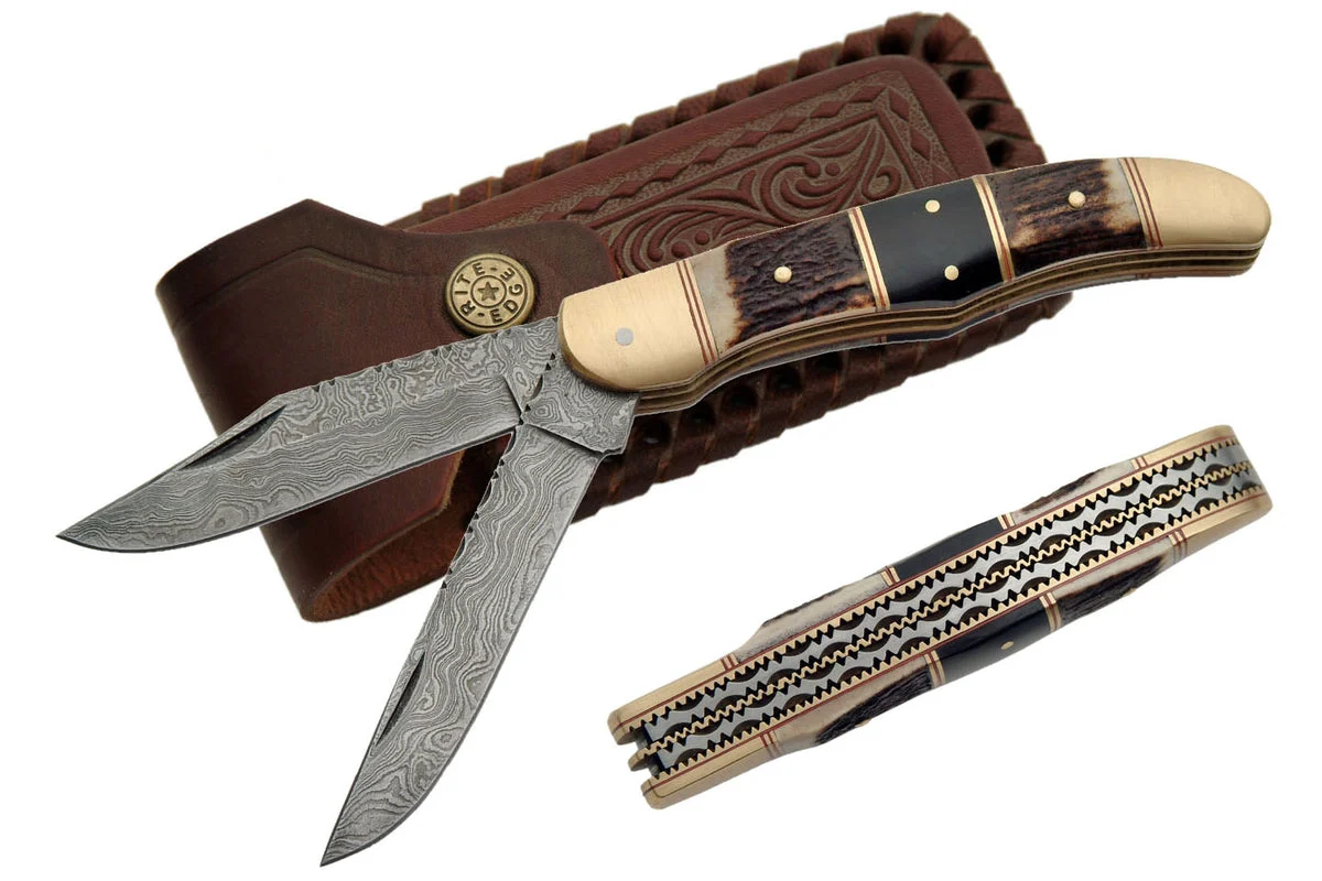 Handmade Damascus Steel Pocket Knife (2 Blades)