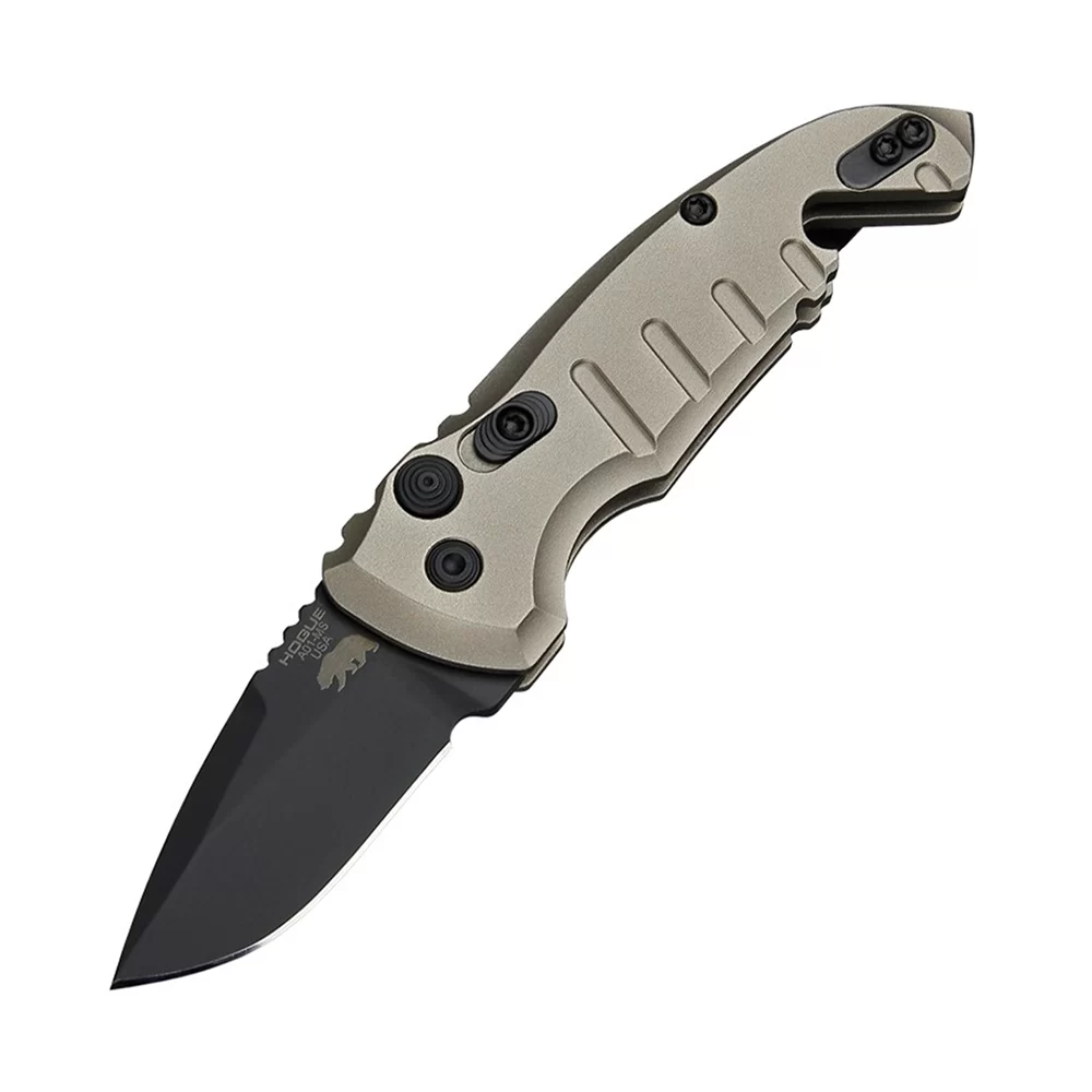 Hogue A01-Microswitch 1.95″ Folder Drop Point CA OK, Black Finish Alum Frame – Flat Dark Earth STOCKED