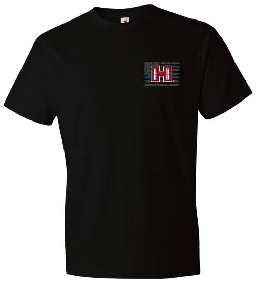Hornady Gear POW Blue Line Black, Cotton Short Sleeve, Semi-Fitted Small
