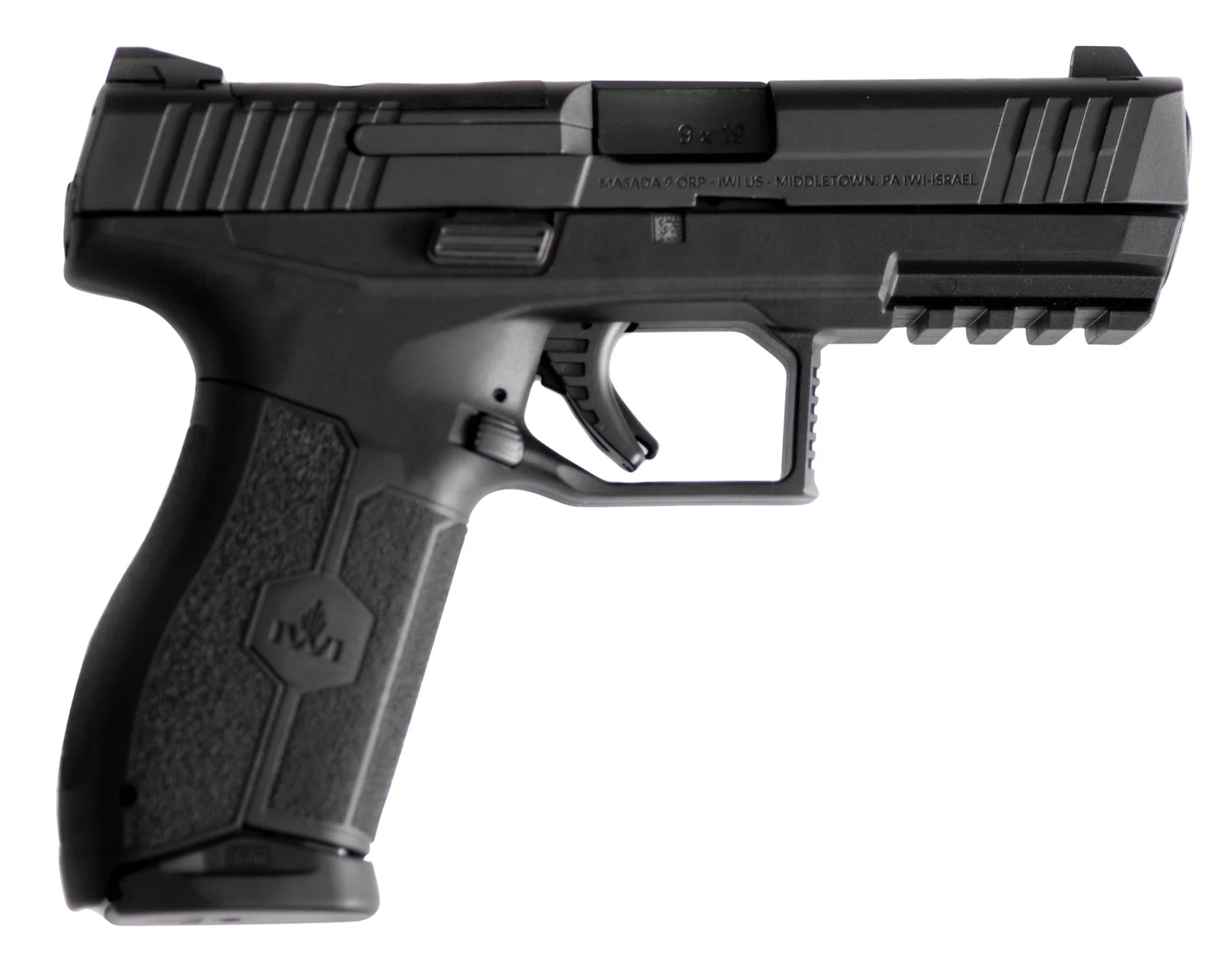 IWI US M9ORP17 MASADA9mm Luger 17+1 4.10″ Black Button Rifled Steel Barrel/Black Optic Ready/Serrated Slide/Black Polymer Frame w/Picatinny Rail/Black Polymer Grips Ambidextrous