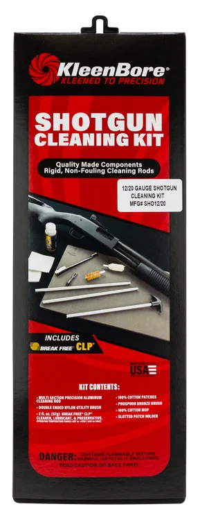 KleenBore Shotgun 12/20g Classic Cleaning Kit includes 3-Piece Aluminum Rod with 32" OAL, Nylon Double Ended Brush, Phosphor Bronze Brush, Cloth & Cleaning Patches for 12, 20 Gauges