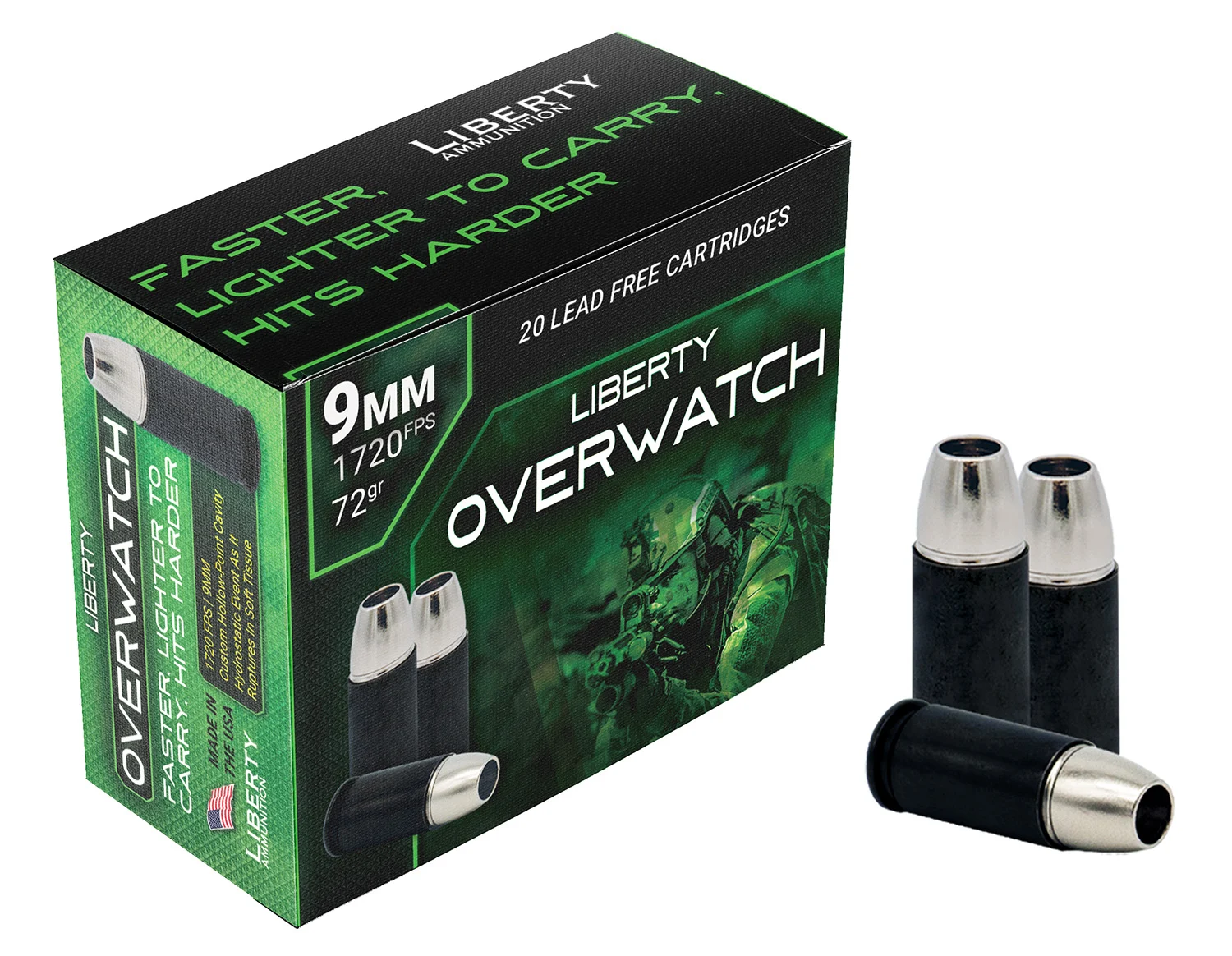 Liberty Ammunition LAOW9MM721700 OverWatch9mm Luger 72 gr Open Cavity Design 20 Per Box/ 50 Cs