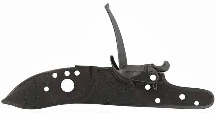 Lock Plate and Frizzen for 1746 Willets ~ First Model Brown Bess,machined together, drilled and tapped, with integral pan & pan bridle