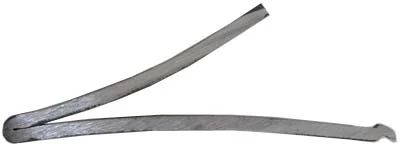 Mainspring, right, tempered steel. For L&R Durs Egg locks assembled with the folded metal spring. This folded metal spring and requires drilling a new mounting peg hole in locks originally assembled with the wax cast spring.