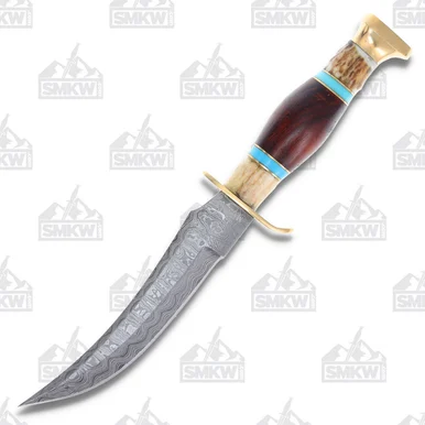 Marbles Damascus Skinner 5.5in Fixed Blade Wood and Stag Knife MR490D