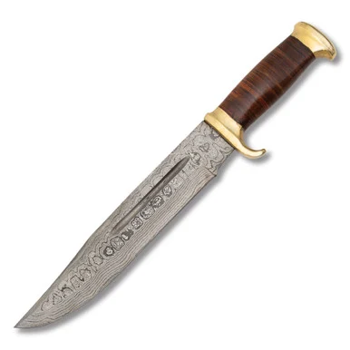 Marbles Stacked Leather Bowie 11.0in. Fixed Blade Damascus MR586